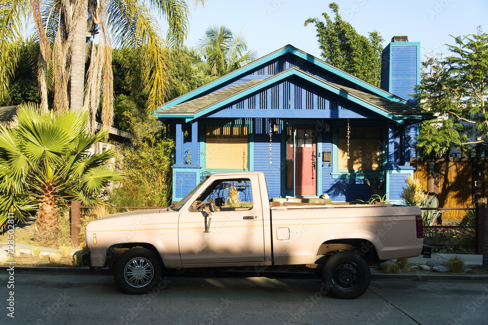 Side view of a vintage pick up truck in Los Angeles 