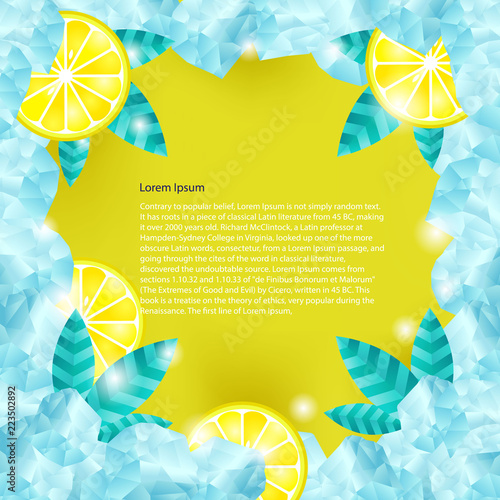 Ice cubes and slices of lemon. Vector frame for label design