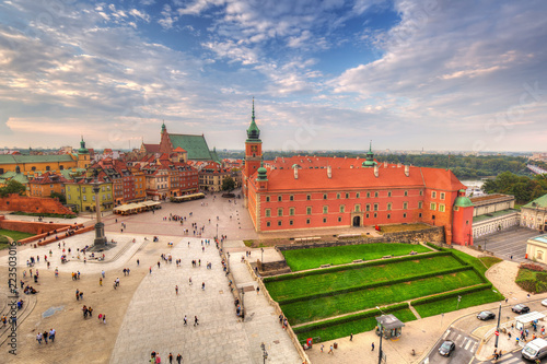 The Royal Castle square in Warsaw city at sunset, Poland.