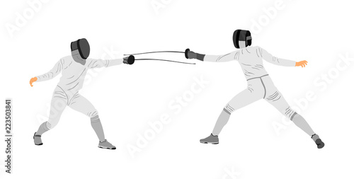 Fencing players vector illustration isolated on background. Fencing duel competition. Sword fighting. Swordplay duel. Quick move game. Athlete man figure. Sportsman in battle. Olympic game discipline.
