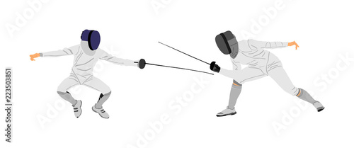 Fencing players vector illustration isolated on background. Fencing duel competition. Sword fighting. Swordplay duel. Quick move game. Athlete man figure. Sportsman in battle. Olympic game discipline.