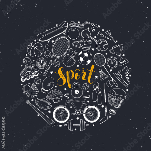 Poster from sport equipment in doodle style. Vector illustration. Hand drawn sport accessories in circle composition on blackboard.