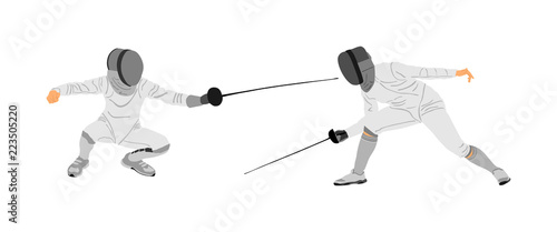 Fencing players vector illustration isolated on background. Fencing duel competition. Sword fighting. Swordplay duel. Quick move game. Athlete man figure. Sportsman in battle. Olympic game discipline.
