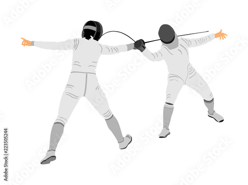 Fencing players vector illustration isolated on background. Fencing duel competition. Sword fighting. Swordplay duel. Quick move game. Athlete man figure. Sportsman in battle. Olympic game discipline.