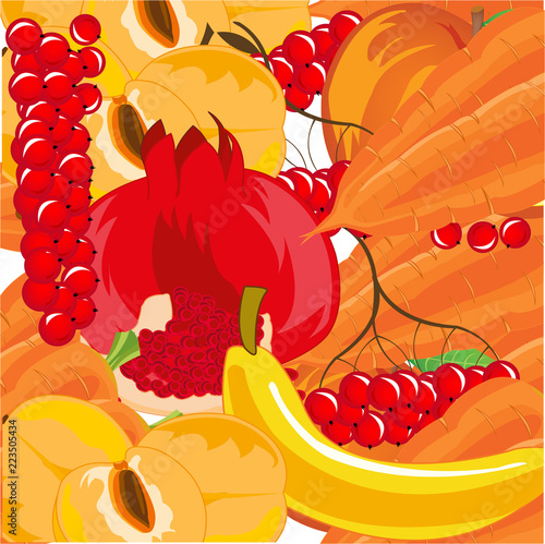 Ripe fruits with vegetable and berry colorful background