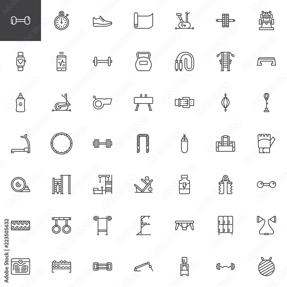 Gym Equipment outline icons set. linear style symbols collection, line signs pack. vector graphics. Set includes icons as Dumbbell, Stopwatch, Sneakers, Stationary bike, Kettlebell, Treadmill, Barbell Gym Equipment outline icons set. linear style symbols collection, line signs pack. vector graphics. Set includes icons as Dumbbell, Stopwatch, Sneakers, Stationary bike, Kettlebell, Treadmill, Barbell