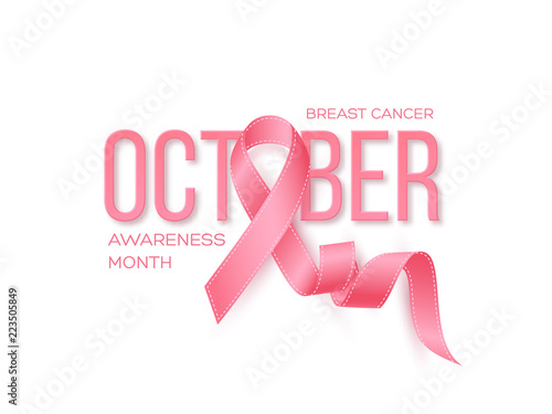 Breast cancer awareness month background. Realistic pink ribbon with 3d text. Vector illustration