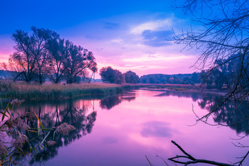 Papier peint photo Pourpre Magical sunrise over the lake. Misty morning, rural landscape  © vvvita