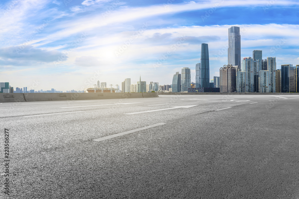 Road pavement and Guangzhou city buildings skyline