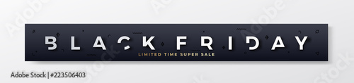 Black Friday Stylish Premium Banner or Header. Modern Reduced Typography Concept with Abstract Decorative Elements, Soft Realistic Shadow and Golden Glitter. Web ready proportions.