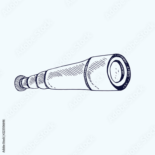 Spyglass, hand drawn doodle, sketch, black and white vector illustration