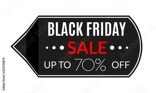 Black Friday sale tag. 70% price off. Discount sticker. Vector illustration. 