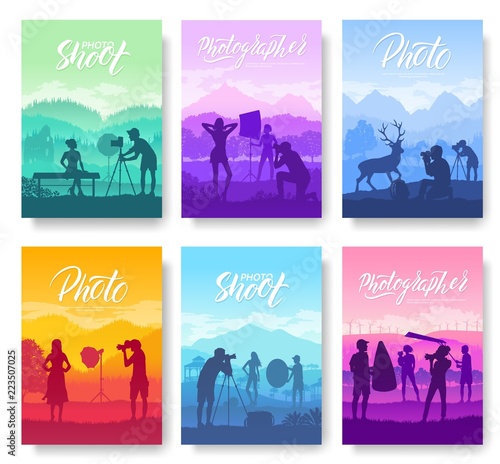 photoshoot ideas in nature brochure cards set. The photographer takes pictures of the girl template of flyear, magazines, poster, books, invitation banners. photo session layout modern booklet