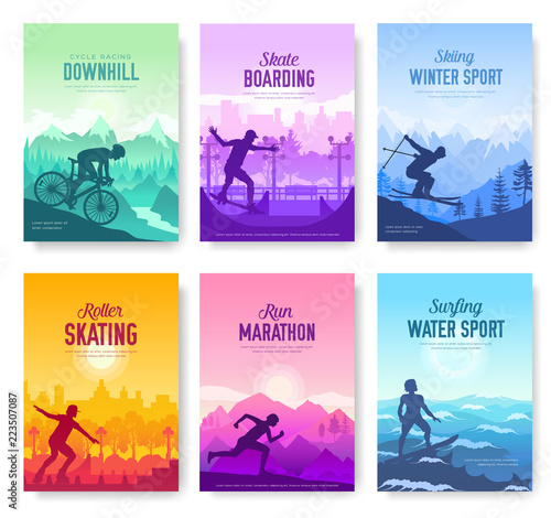 colorful covers with various sports rest day vector brochure cards set. Extreme on nature template of flyear, magazines, poster, books, banners. Active lifestyle invitation concept. Layout modern page