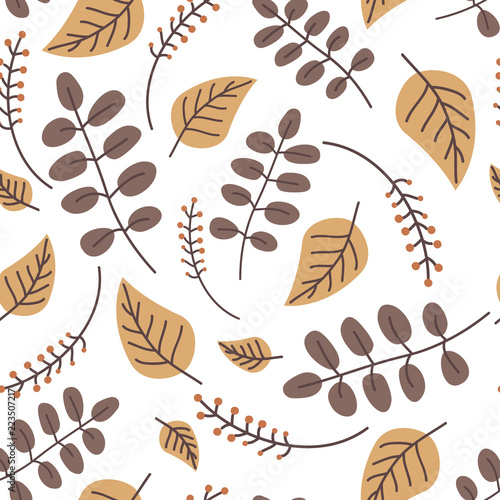 Seamless autumn pattern with leaves and berries. Pattern for textiles. Vector illustration. Falling leaves. Hugge