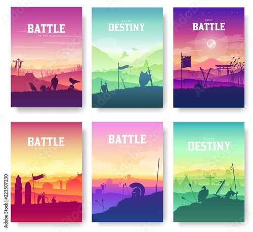 Ancient dead army warriors illustartion. Old battlefield silhouette landscape. Military devastation after the battle. Medieval weapons scattered on the ground after the war.
