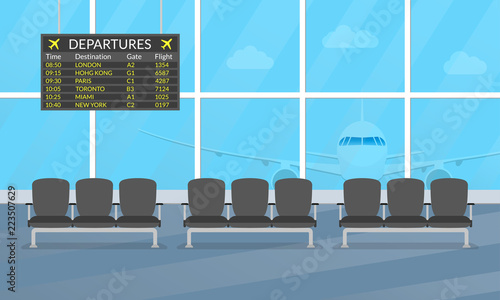Airport waiting hall. Departure lounge interior with chairs and airplane in the window. Airport terminal with departure board. Vector illustration.