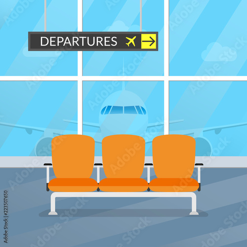 Airport waiting room. Departure lounge interior with chairs and airplane in the window. Airport terminal hall. Vector illustration.