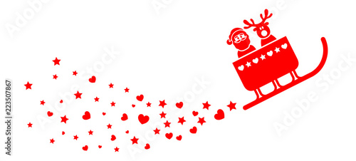 Weihnachtsmann und Rentier im fliegenden Schlitten mit Schweif aus Herzen und Sternen / rot, Vektor, freigestellt 