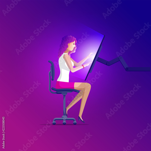 Young woman is working with touch screen computer.