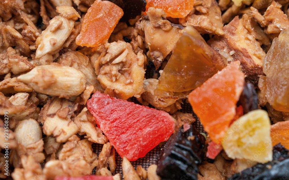 Healthy Snack, Meal. Freshly Toasted Organic Homemade Granola Cereal, Muesli Mixed With Honey, Nuts And Colorful Dry Fruits.