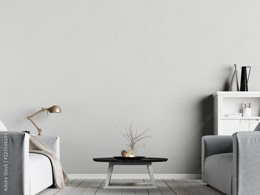 mock up poster on the wall in interior with emty wall background with armchair, scandinavian style - obrazy, fototapety, plakaty 