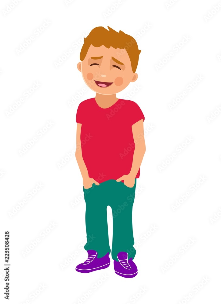 Boy put hands in pockets and smiles. Color vector flat Boy put hands in pockets and smiles. Color vector flat