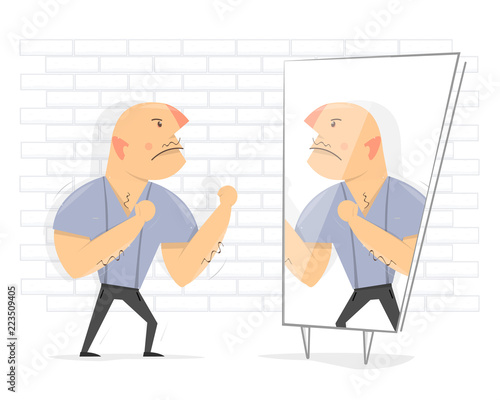 Fight with yourself. Man in front of a mirror.