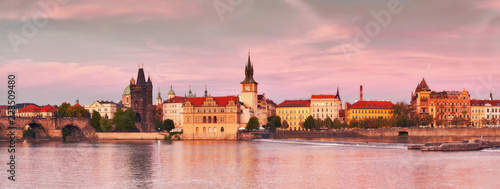 Prague, riverside on sunset in a pink glow