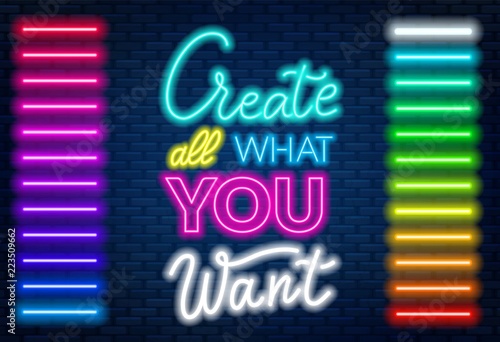 Vector set of multi-colored neon brushes.