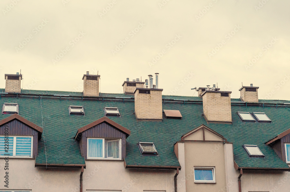 Roof of the house, green color, chimneys, skylights