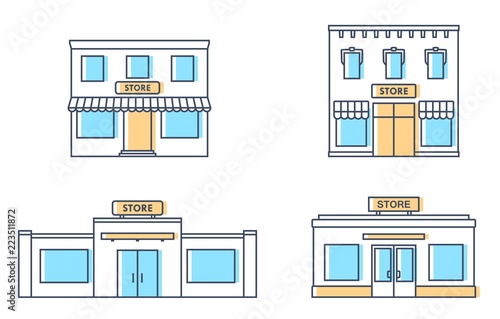 Set of store, shop, mini mall. Store fronts, flat style. Urban retail business buildings. Vector illustration.