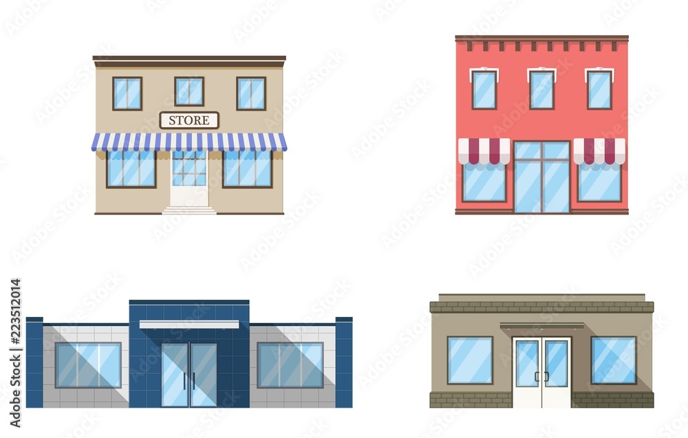 Set of store, shop, mini mall. Store fronts, flat style. 