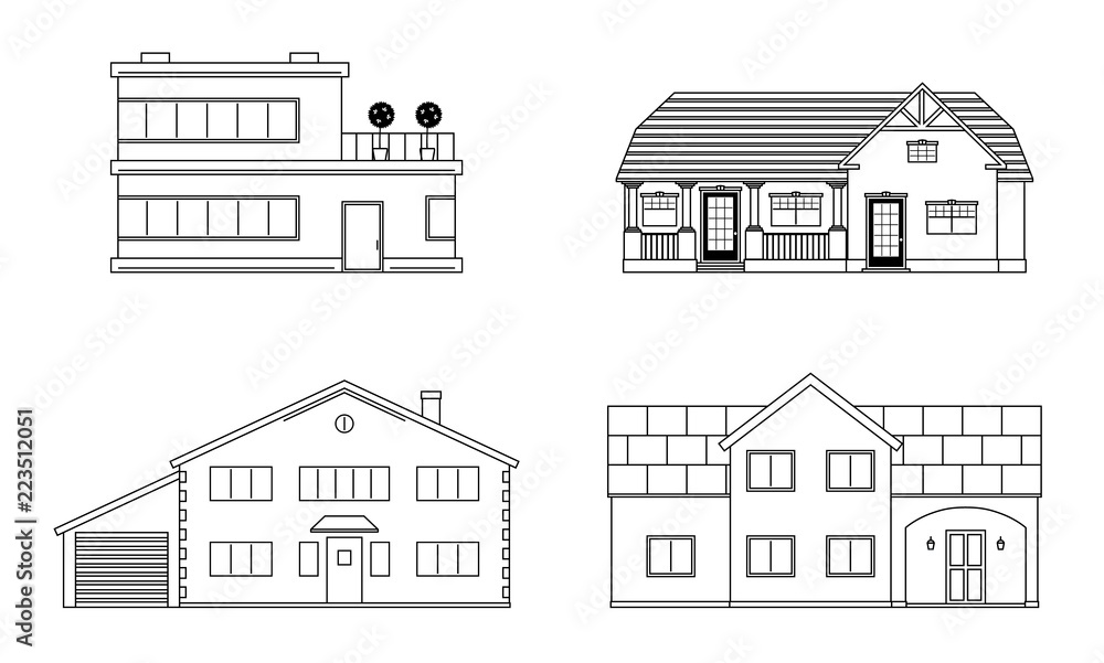 Set of four residention houses. Living cottage set. Apartament building. Home facade with doors and windows.