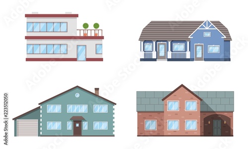 Set of four residention houses. Living cottage set. Apartament building. Home facade with doors and windows.