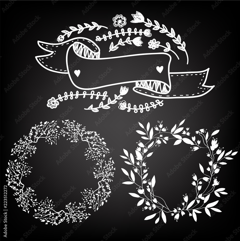 Romantic set for wedding or holidays with wreath and frame elements on the blackboard. Vector graphic illustration