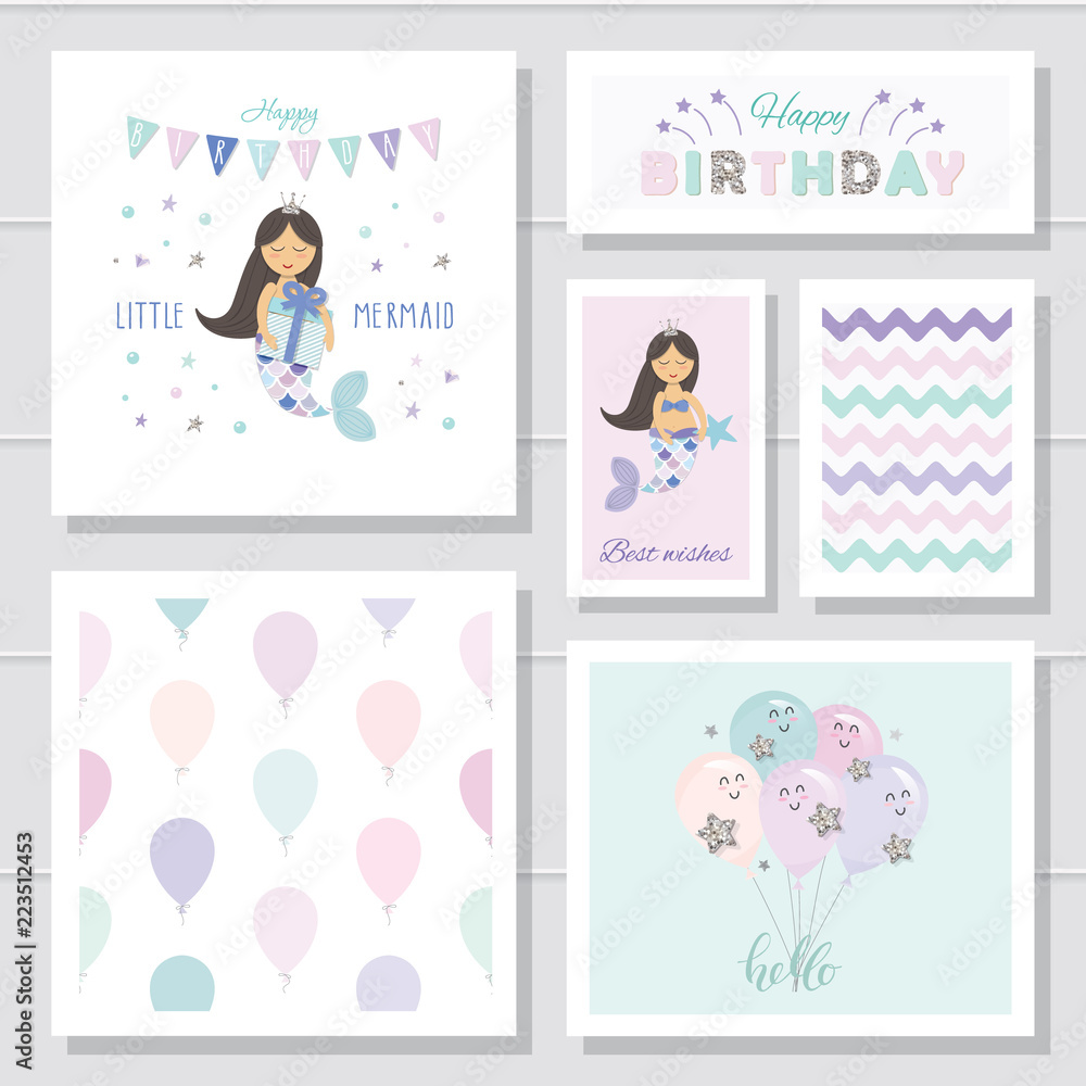 Cute birthday cards set for girls. Little Mermaid cartoon characters. With glitter elements. Cute birthday cards set for girls. Little Mermaid cartoon characters. With glitter elements.