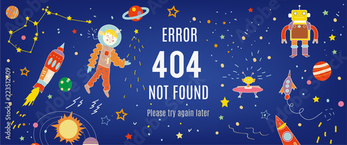 404 error banner with cosmos and spaceships. Vector graphic illustration