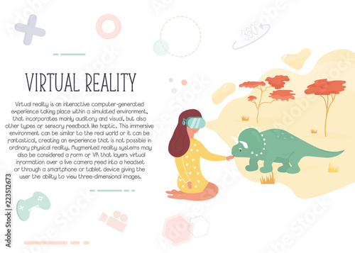 Girl in virtual reality meeting dinosaur.