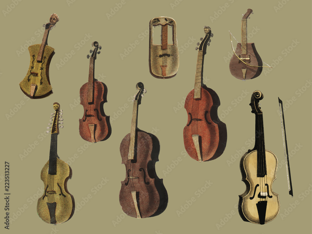 Naklejka premium Musik (1850) published in Copenhagen, a vintage illustration of a violin, classical guitar and flute variants. Digitally enhanced by rawpixel.