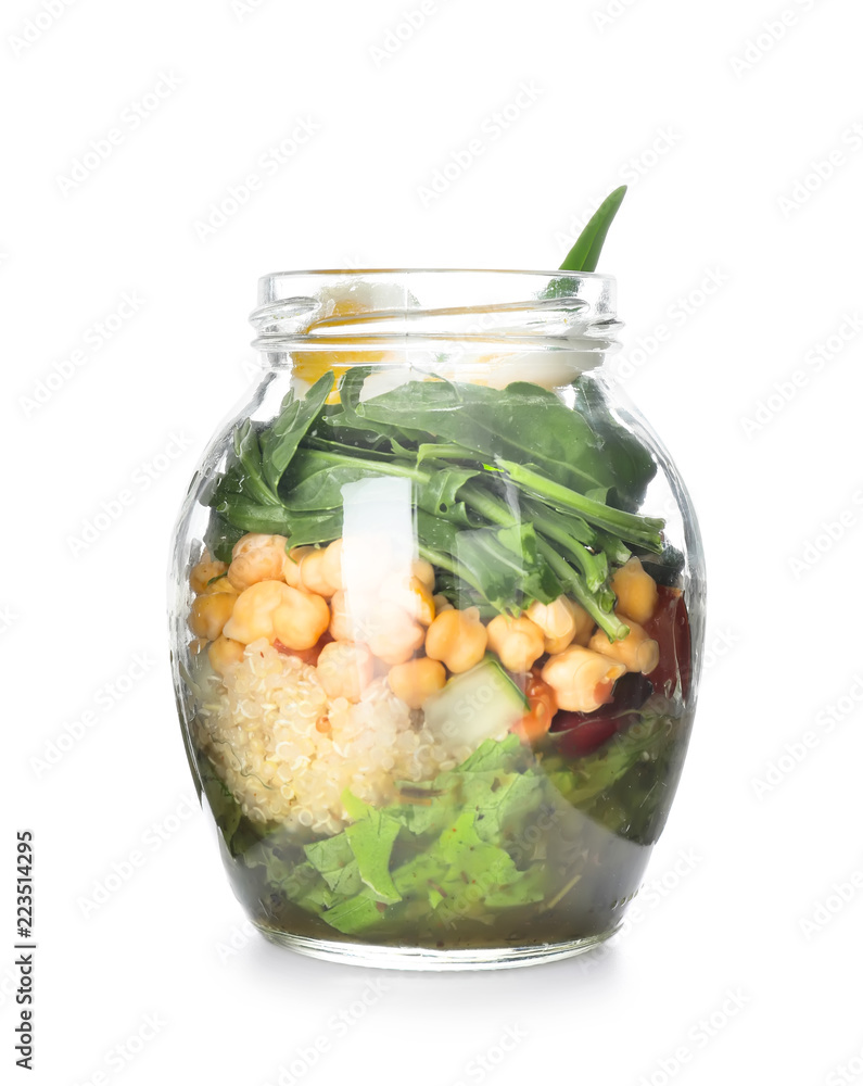 Delicious vegetable salad in mason jar on white background Delicious vegetable salad in mason jar on white background