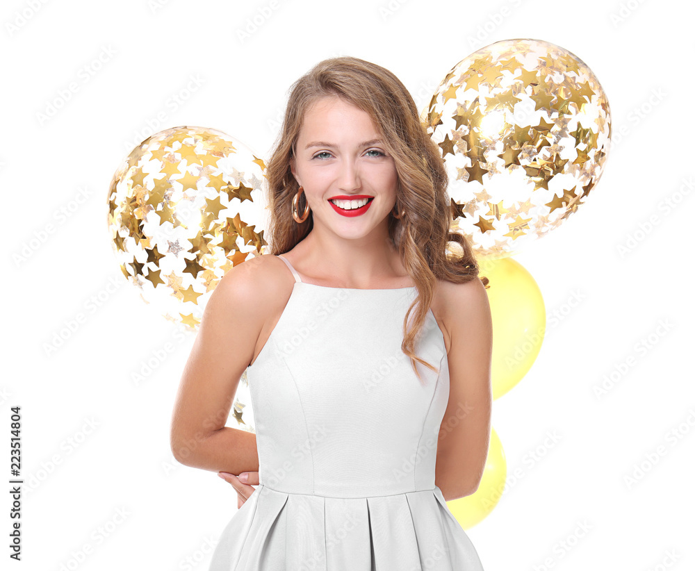Naklejka premium Beautiful young woman with balloons on white background