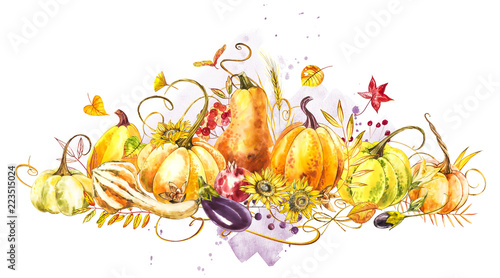 Pumpkins composition. Hand drawn watercolor painting on white background. Watercolor illustration with a splash. Happy Thanksgiving Pumpkin.