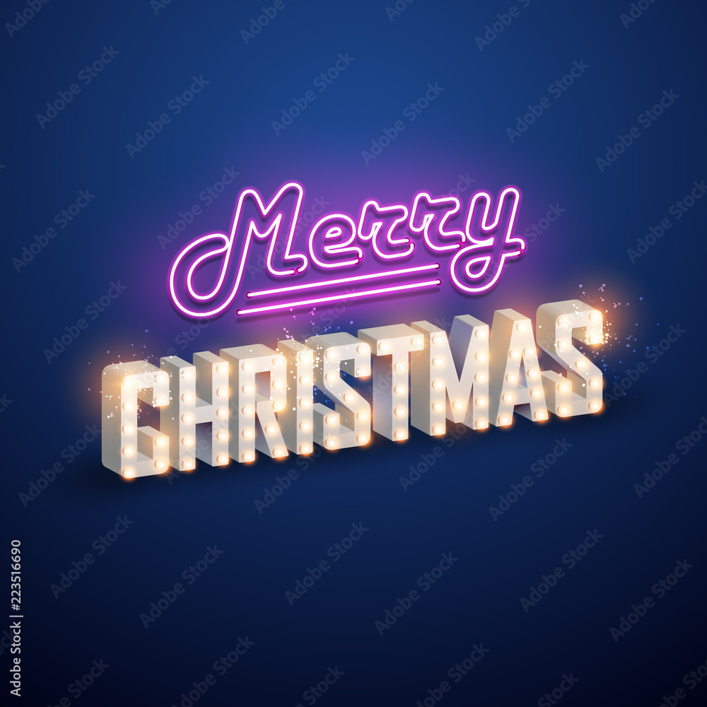 Christmas background. Retro Christmas light sign. Vector illustration. 