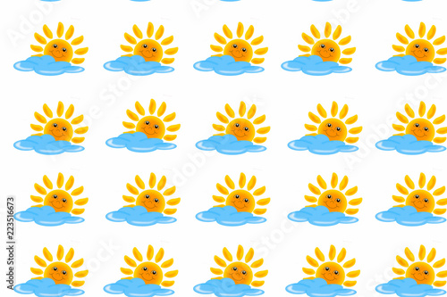 Smiling sun and blue cloud on white background,seamless pattern.