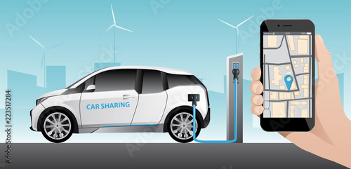 Hand with phone on a background of white carsharing electric car with charging station. Vector illustration EPS 10