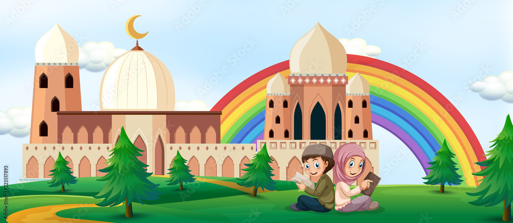 Boy and girl reading book with mosque background Boy and girl reading book with mosque background