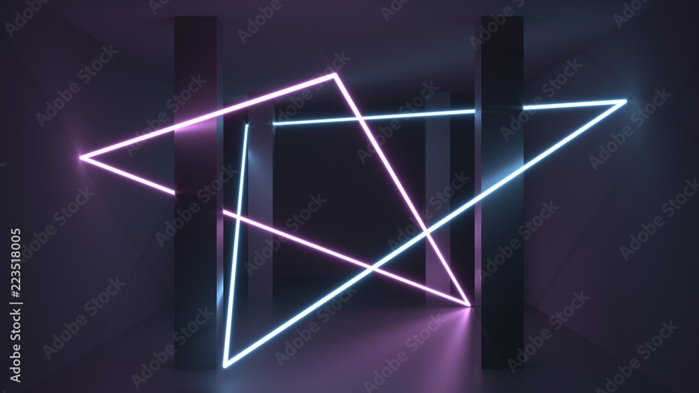 3d rendering. Futuristic tunnel with bright neon light. Artificial intelligence and virtual reality. Abstract digital background with blur and reflection. Programs, web, innovation concept - obrazy, fototapety, plakaty 