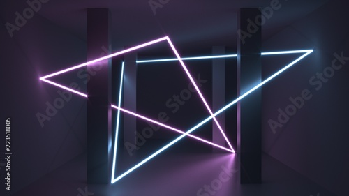 3d rendering. Futuristic tunnel with bright neon light. Artificial intelligence and virtual reality. Abstract digital background with blur and reflection. Programs, web, innovation concept