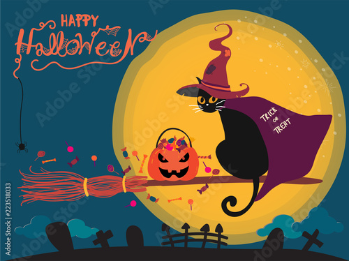 Halloween black cat on witch broomstick, with full moon on background